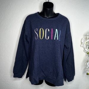 Wildfox Women's Sweatshirt Medium Blue SOCIAL Scoop Neck Pullover Stretch